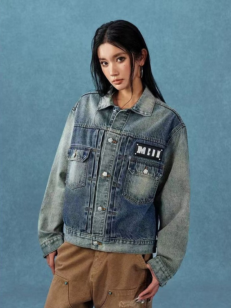 MEDM Leather Patch Distressed Washed Denim Jacket