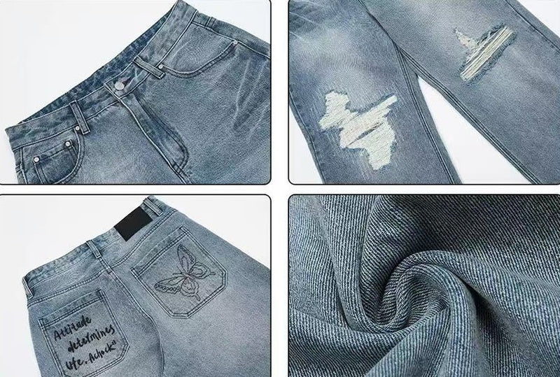ACHOCK Butterfly Stitching Retro Ripped Jeans