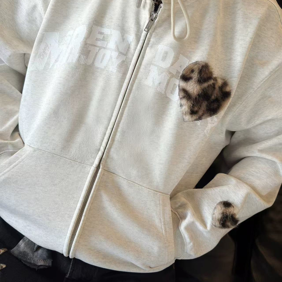 MEDM Distressed Font Heart Plush Leopard Print Zip Hoodie