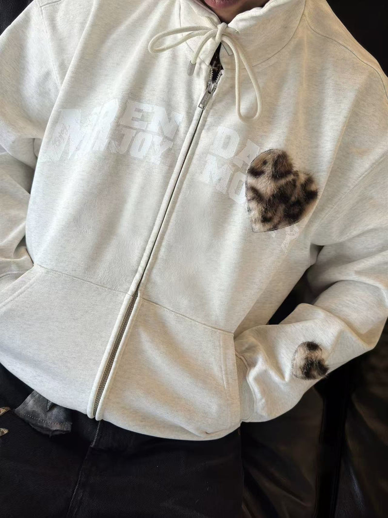 MEDM Distressed Font Heart Plush Leopard Print Zip Hoodie