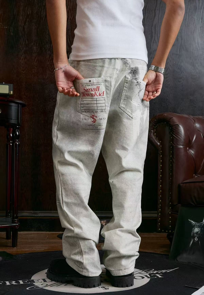 STK Vintage Distressed Wash 3D Badge Print Jeans