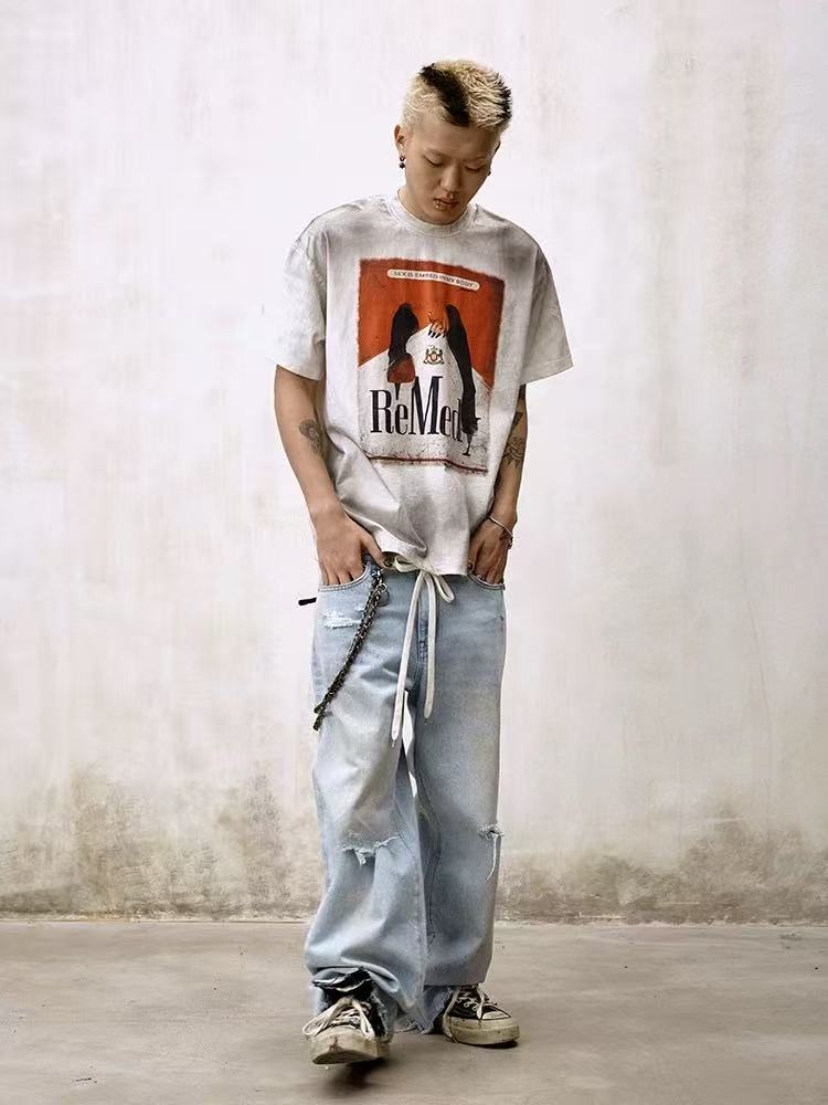 REMEDY Washed Ripped Straight-leg Jeans