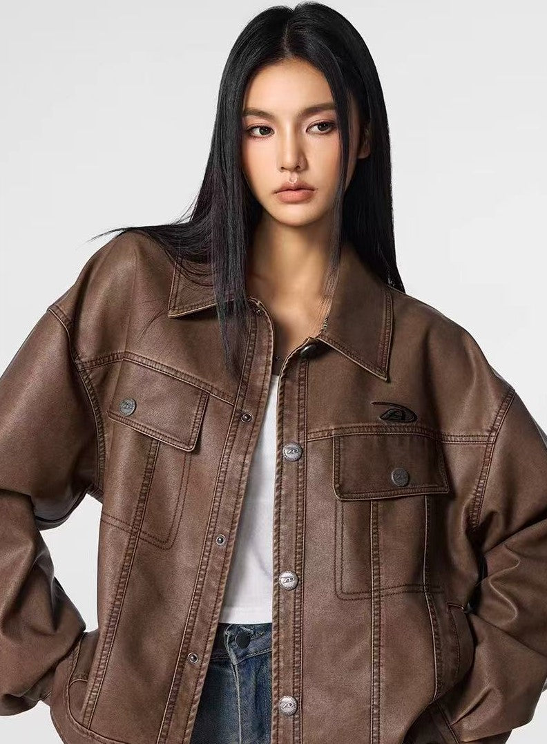 ACHOCK Vintage Washed Lapel Leather Jacket