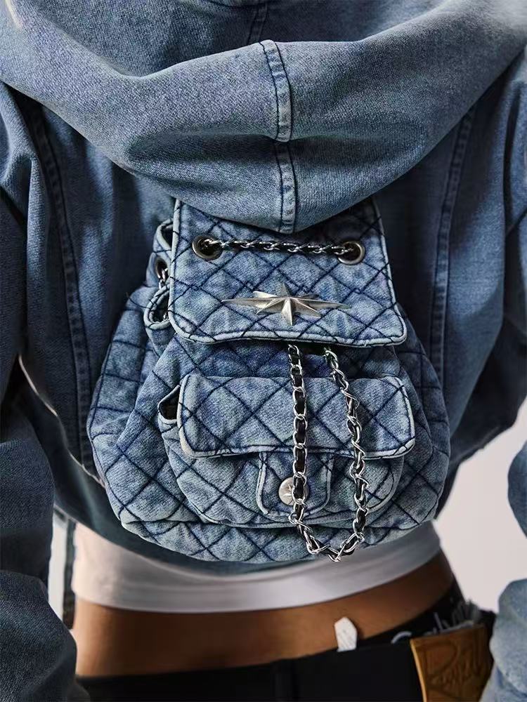 REMEDY Retro Distressed Washed Denim Backpack Hooded Jacket (For Women)