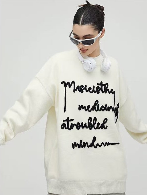 ACHOCK Embroidered Monogram Letter Pullover Sweater