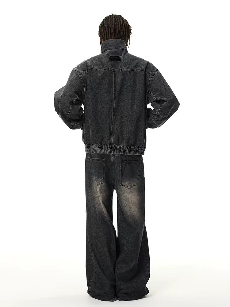 ACHOCK Street Wash Deconstructed Stand Collar Denim Jacket