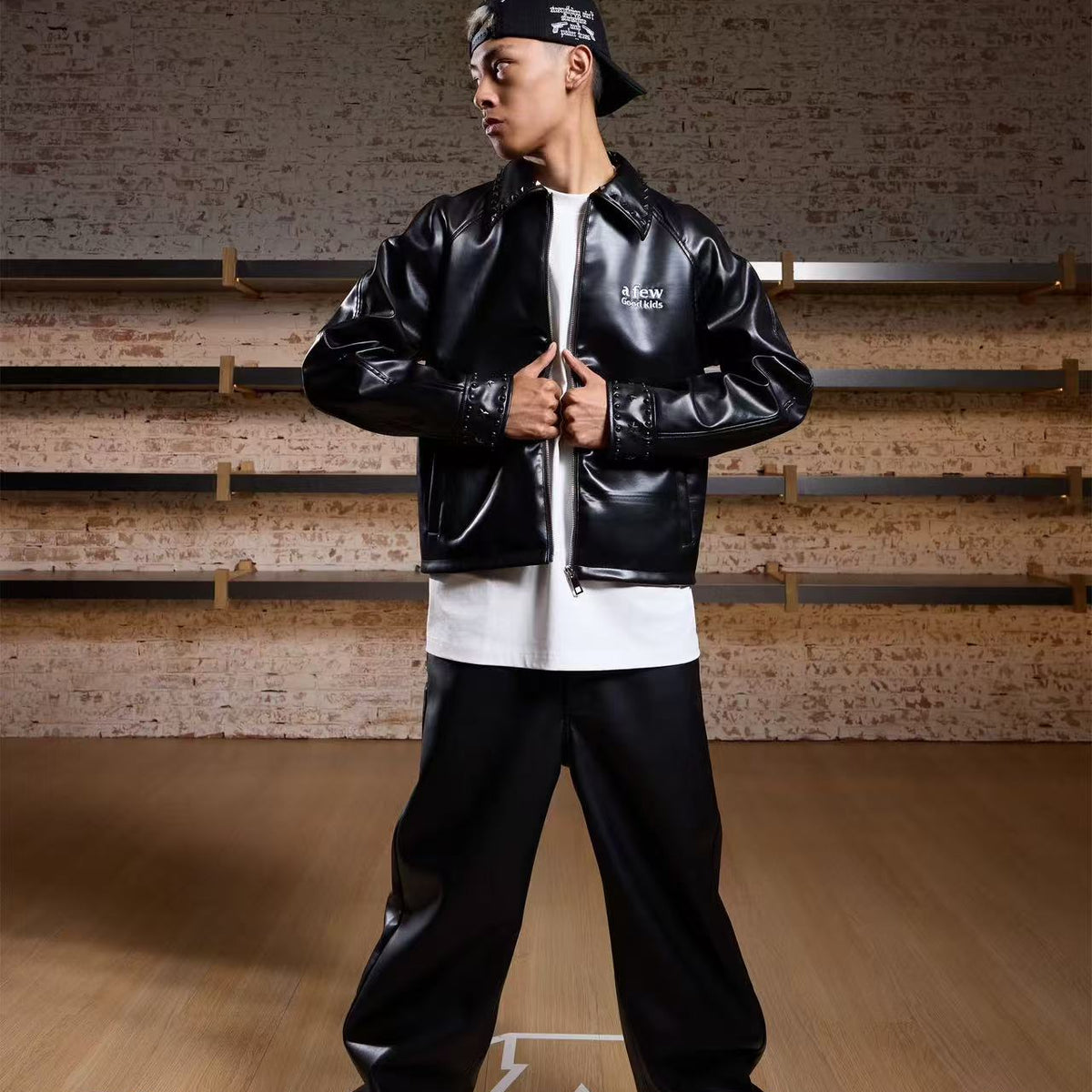 AFGK Glossy Studded Zippered Leather Jacket