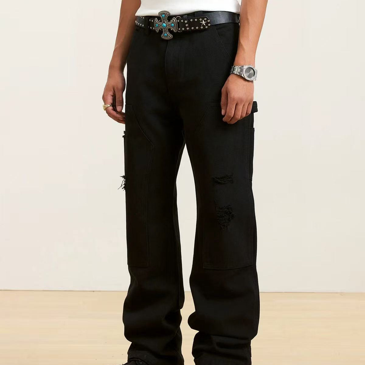 STK Washed Distressed Patchwork Jeans