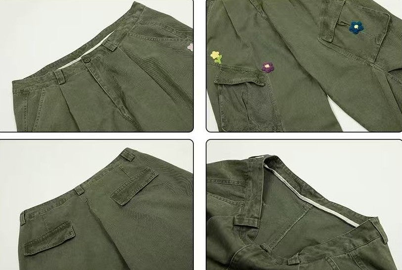 ACHOCK Vintage Multi-pocket Floral Embroidered Paratrooper Pants