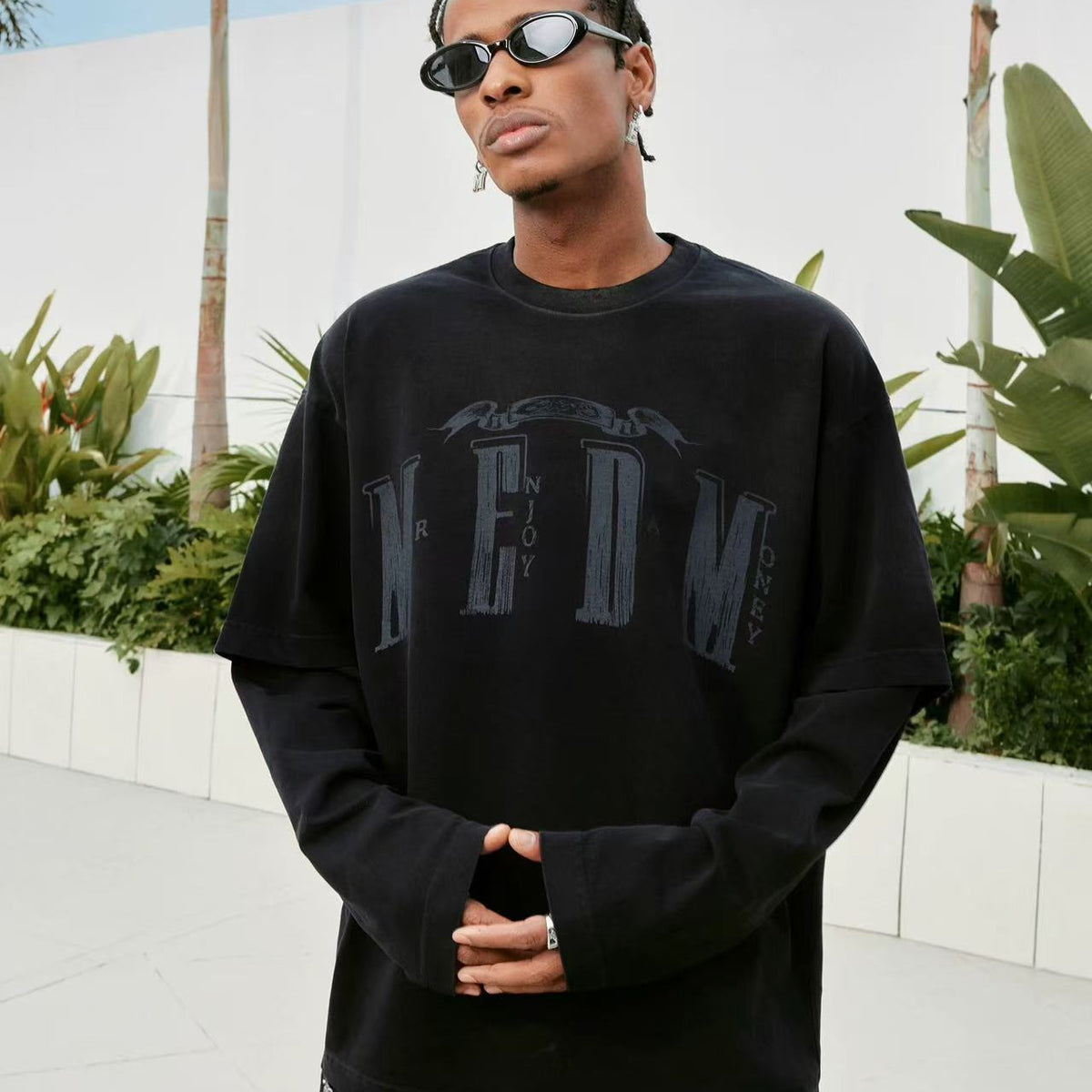 MEDM Washed Distressed Two-piece Long-sleeved T-shirt
