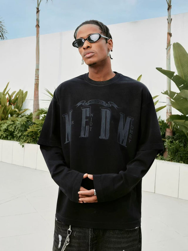 MEDM Washed Distressed Two-piece Long-sleeved T-shirt