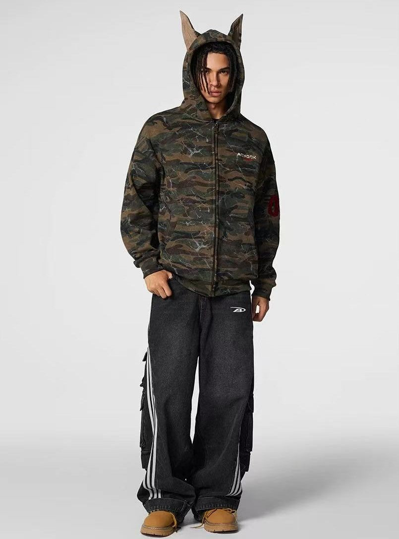 ACHOCK Camouflage Doberman Ear Hooded Fleece Cardigan Sweatshirt