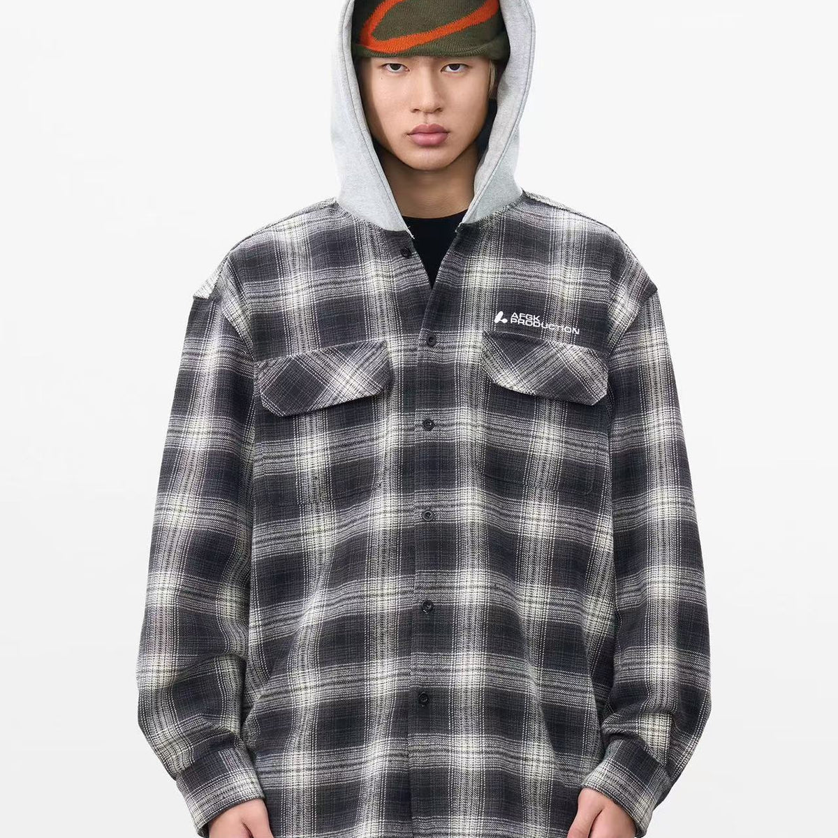 AFGK Vintage Plaid Hooded Long-sleeved Shirt