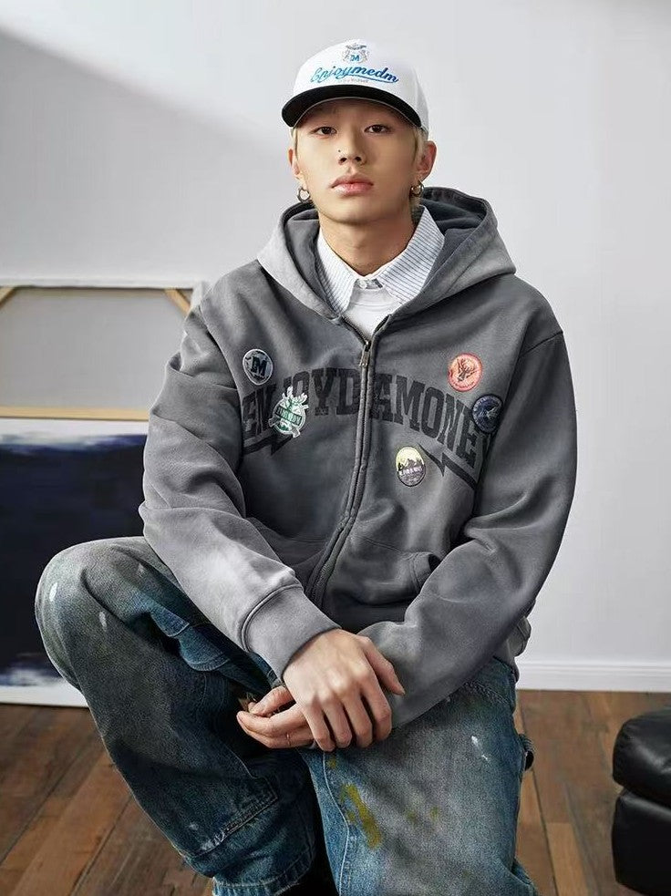 MEDM Hunting Theme Distressed Washed Zipper Hoodie