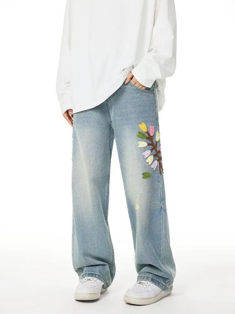 ACHOCK Floral Embroidered Heavy Duty Jeans