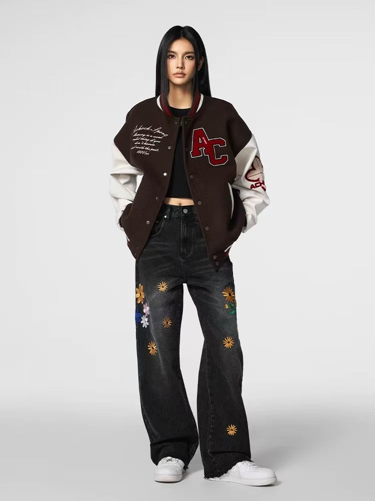 ACHOCK Heavy Wash Floral Embroidered Jeans