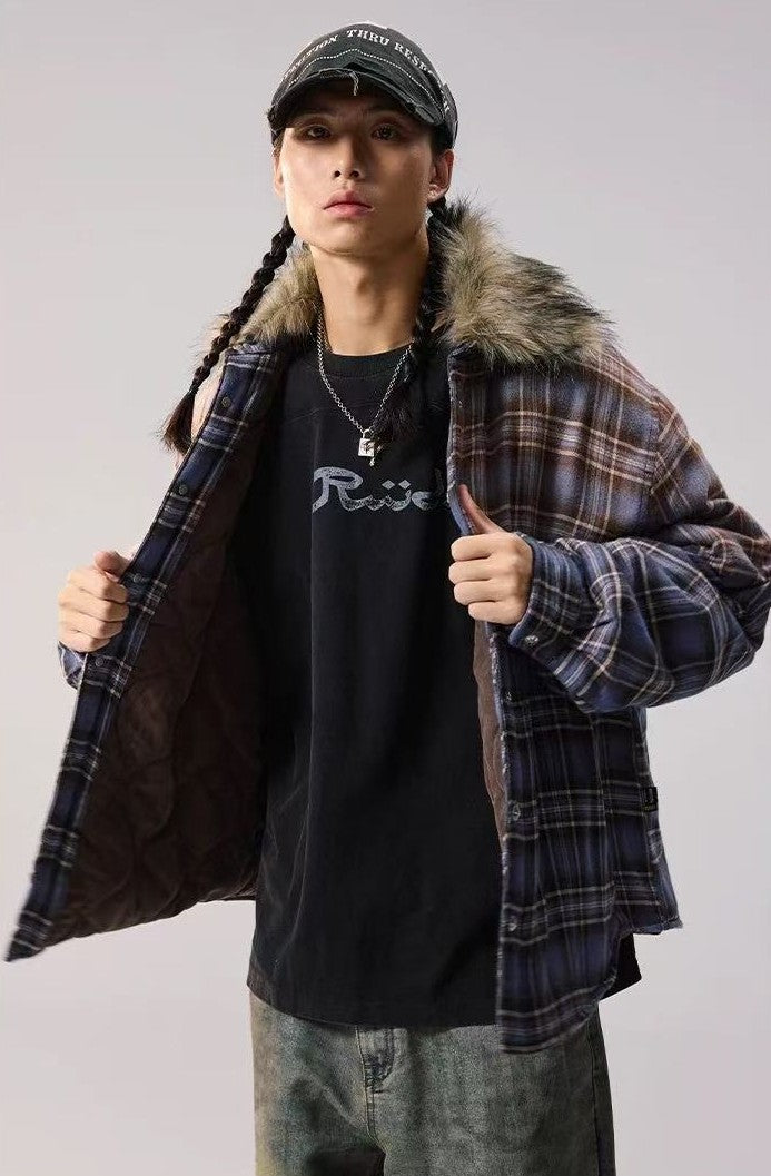 REMEDY Thickened Gradient Distressed Plaid Fur Collar Cotton Coat