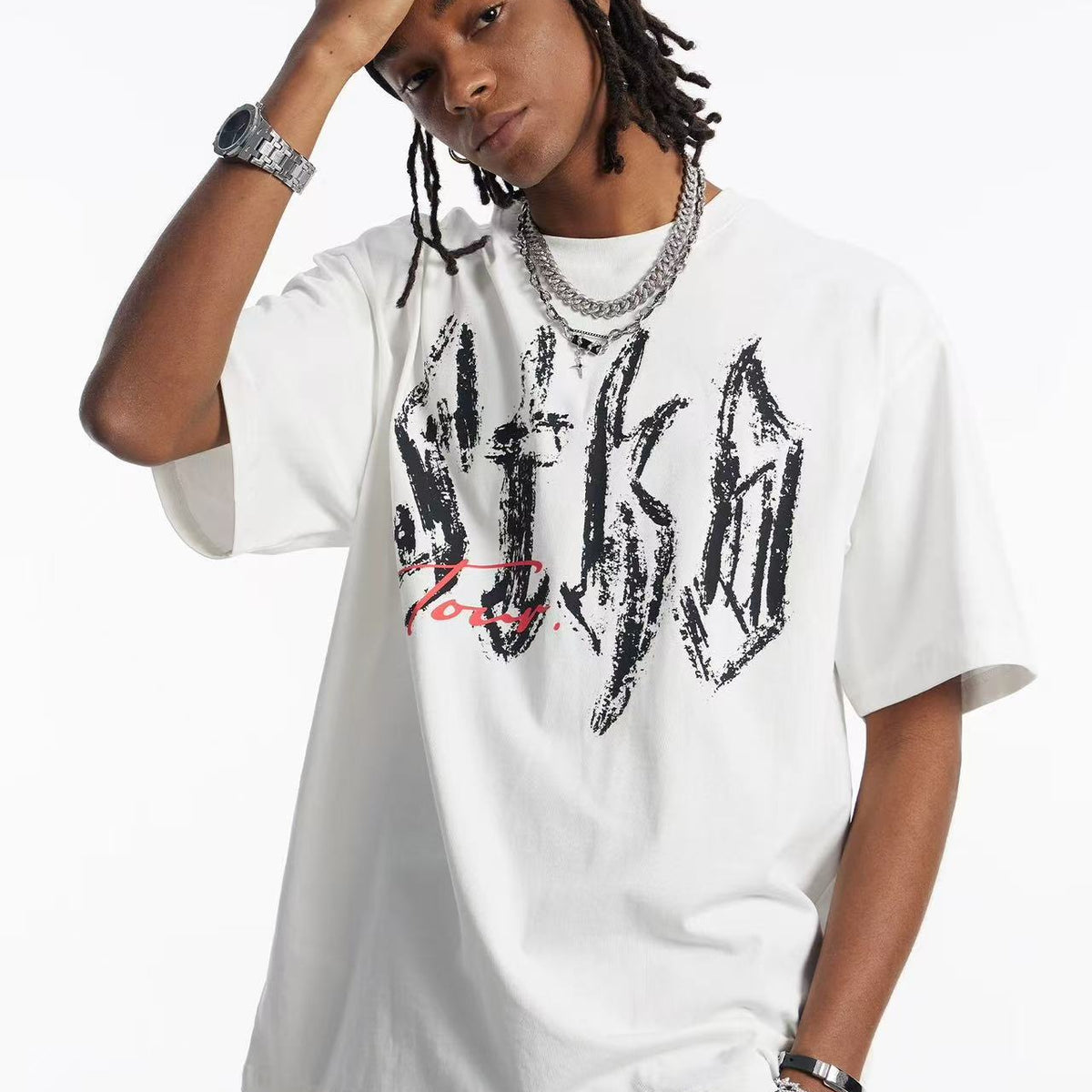 STK Vintage Font Logo Print Crew Neck T-Shirt