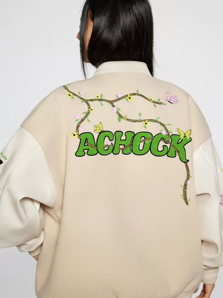 ACHOCK Heavy Hip-hop Flower Vine Embroidery Baseball Jacket