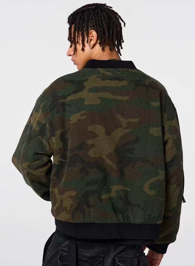ACHOCK Washed Distressed Camouflage Cotton Bomber Jacket