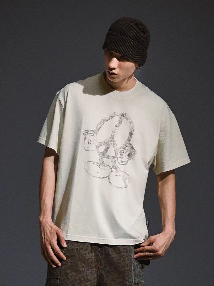 REMEDY Peace Cartoon Print Distressed Short-sleeve T-shirt