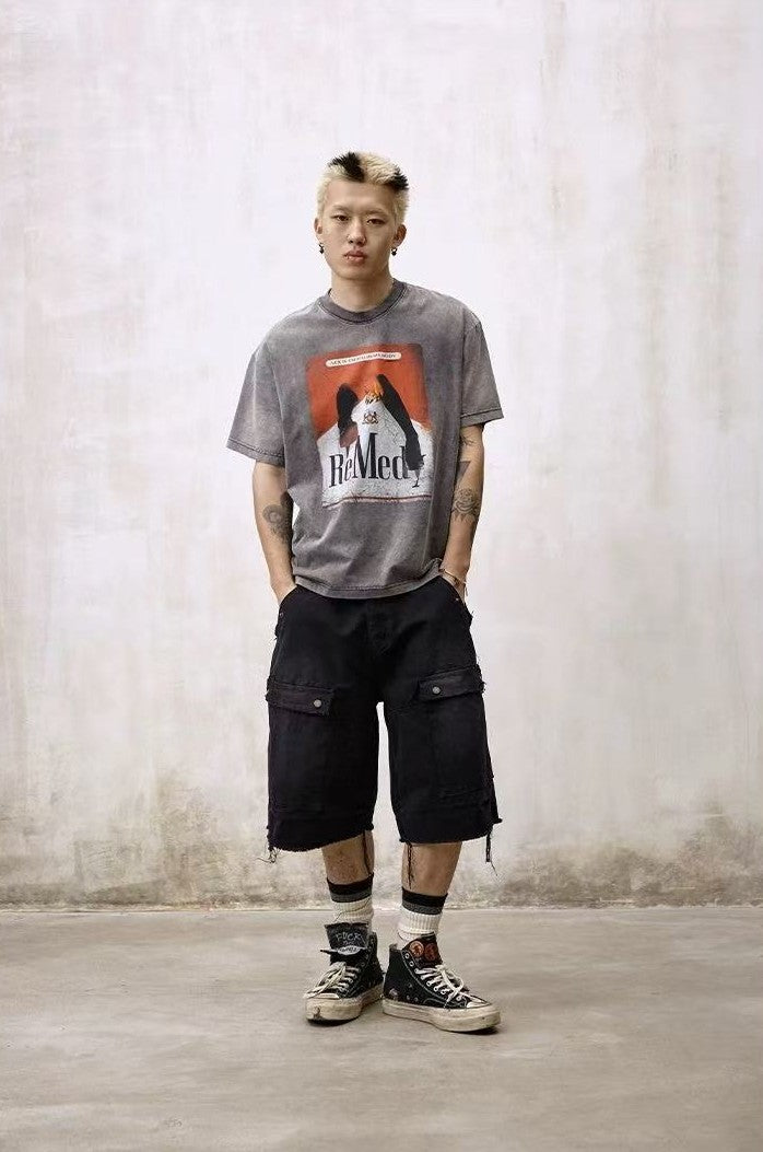 REMEDY Distressed Marlboro Design Short-sleeve T-Shirt
