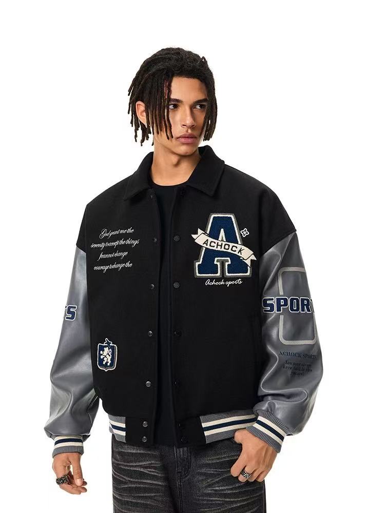 ACHOCK Embroidered Lapel Vintage Baseball Jacket