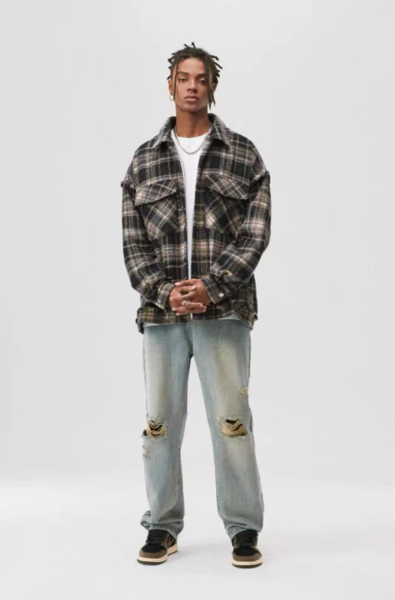 ATRY Washed Distressed Vintage Plaid Raw Edge Jacket