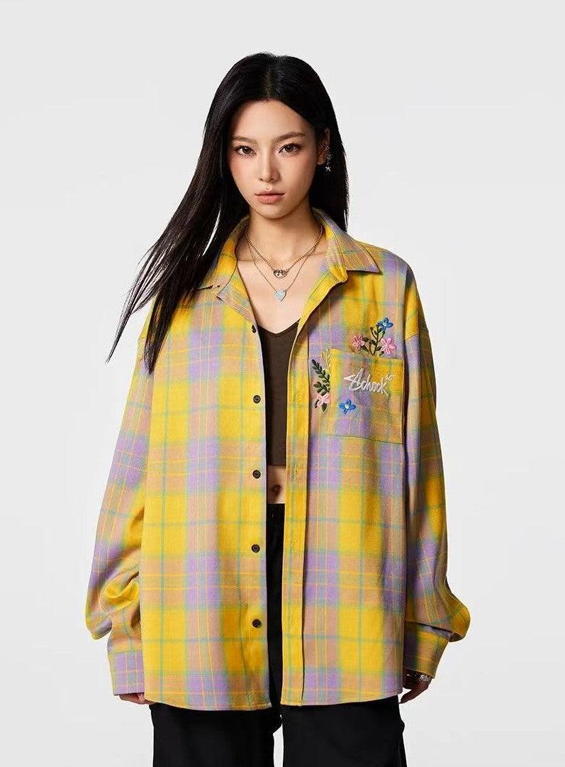 ACHOCK Vintage Floral Embroidered Plaid Long-sleeve Shirt