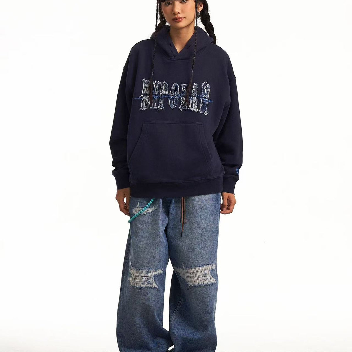 BIPOLAR Destroyed and Torn Creative Design Denim Patch Hoodie