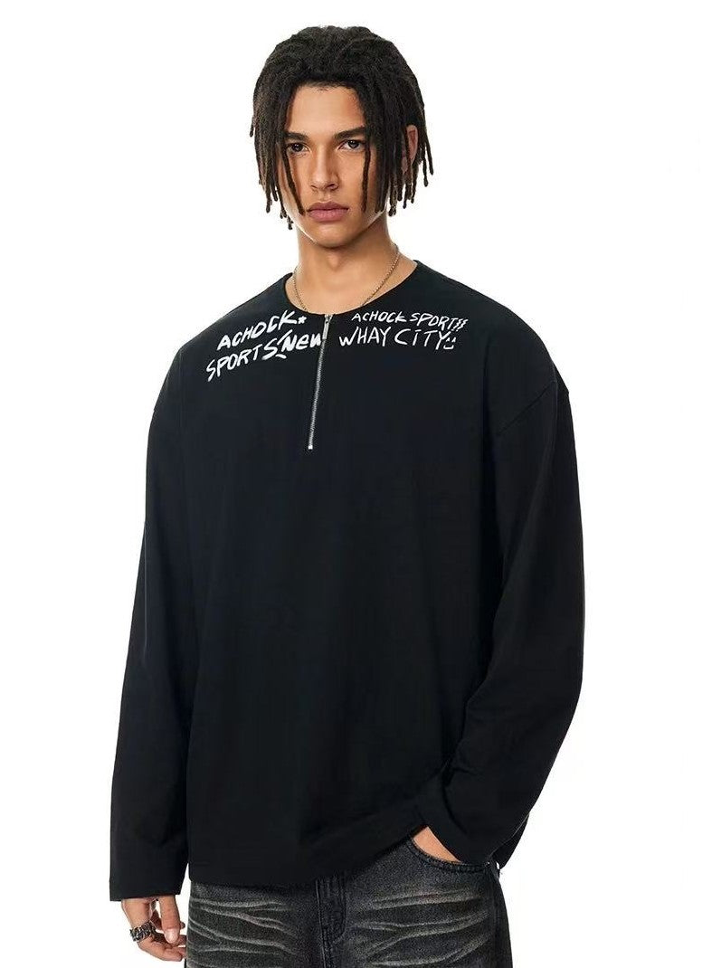 ACHOCK Henley Collar Monogram Half-zip Long-sleeved T-shirt