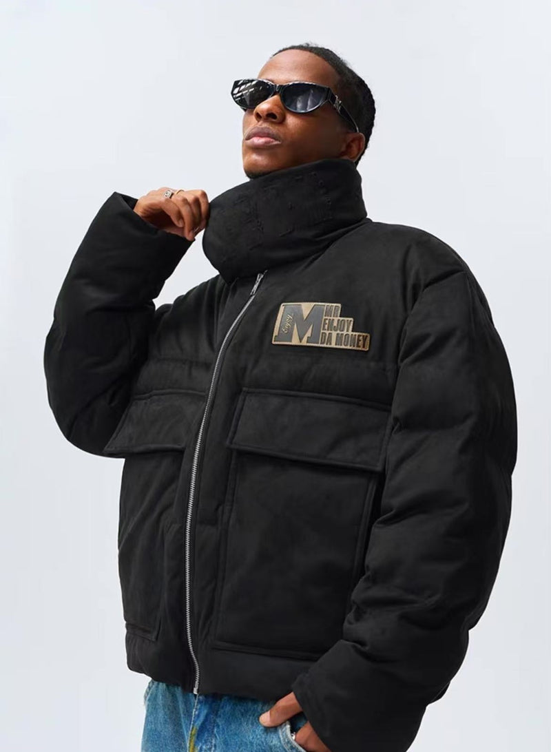 MEDM Logo Embossed Leather Label Scarf Down Jacket