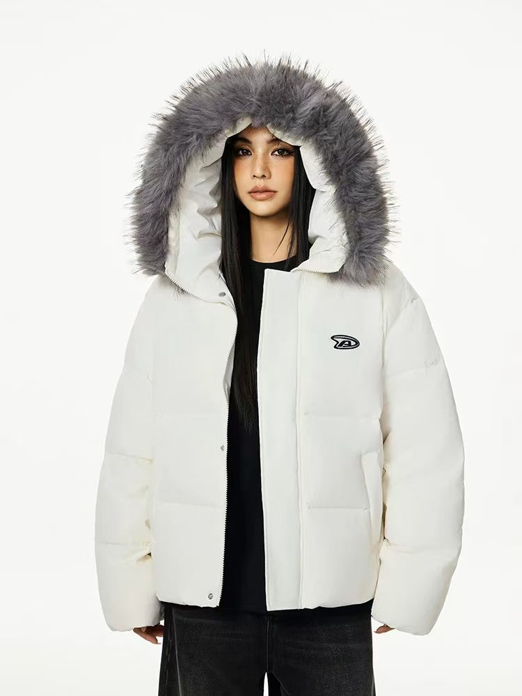 ACHOCK Logo Print Fur Collar Hooded Down Jacket