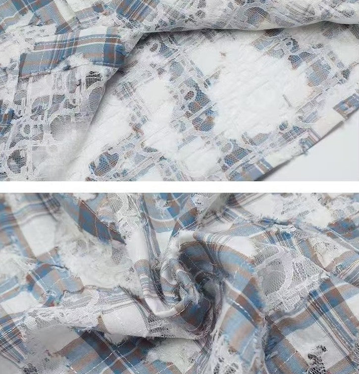 ACHOCK  Lace Lapel Plaid Long-sleeve Shirt