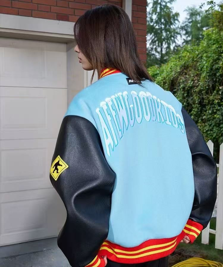 AFGK Snowy Terry Embroidered Contrasting Color Baseball Jacket