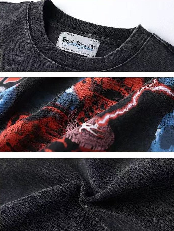 STK Washed Skull Print Crew Neck T-Shirt