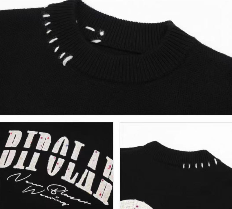 BIPOLAR Patch Embroidered Round Neck Pullover Sweater