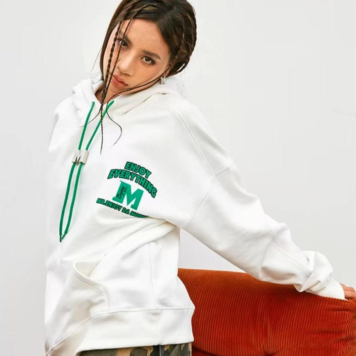 MEDM M Button Drawstring with Letter Print Hoodie