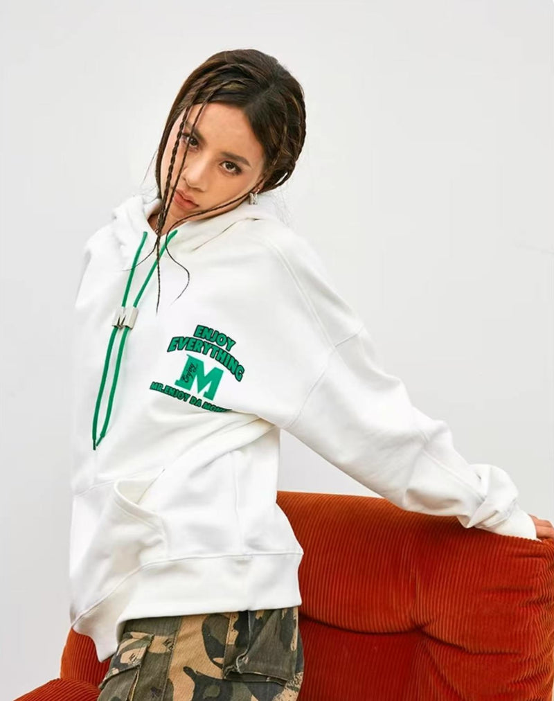 MEDM M Button Drawstring with Letter Print Hoodie