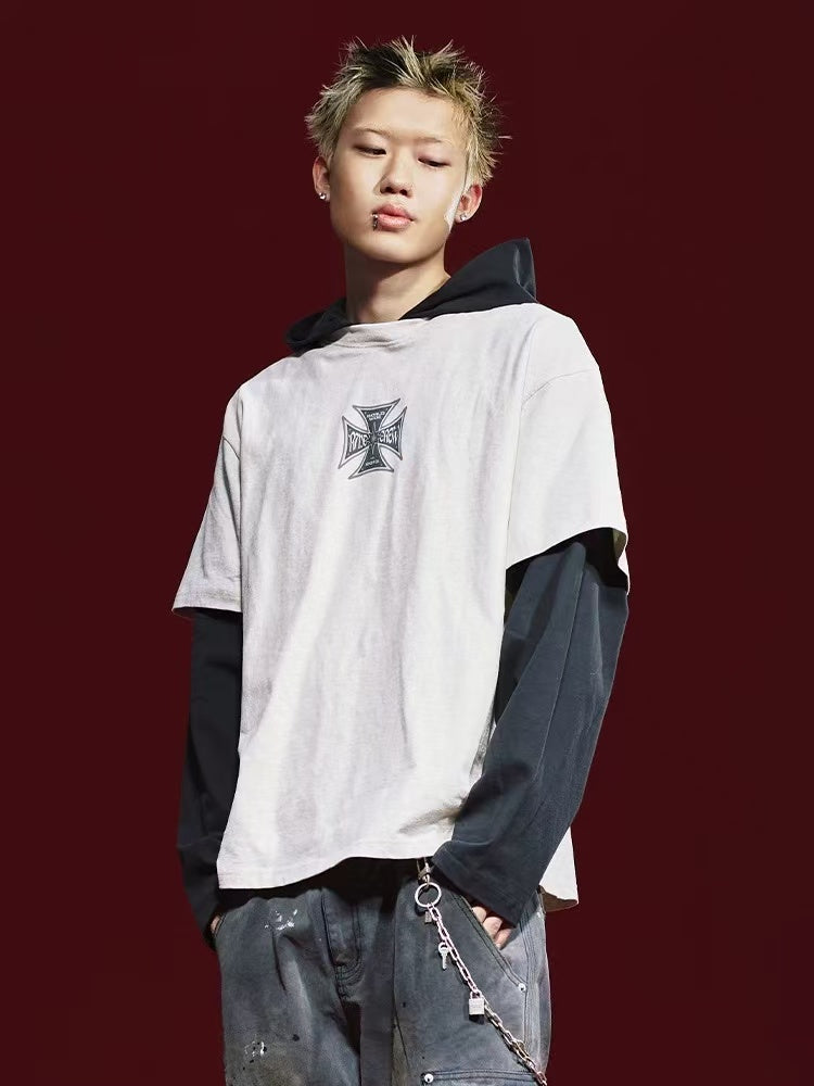 REMEDY Retro Fake Two-piece Hooded Long-sleeved T-shirt