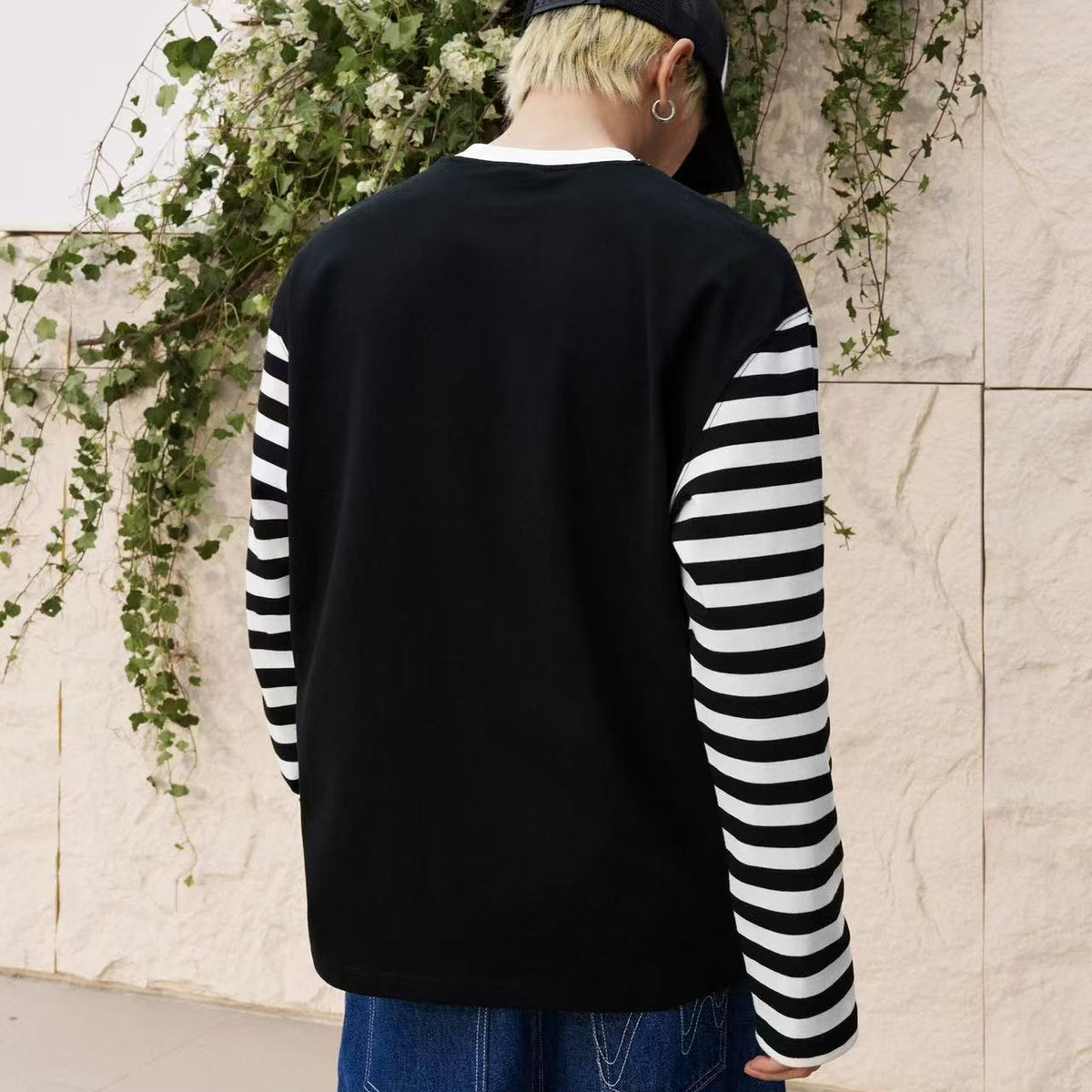 MEDM Contrast Collar Striped Long-sleeve T-Shirt