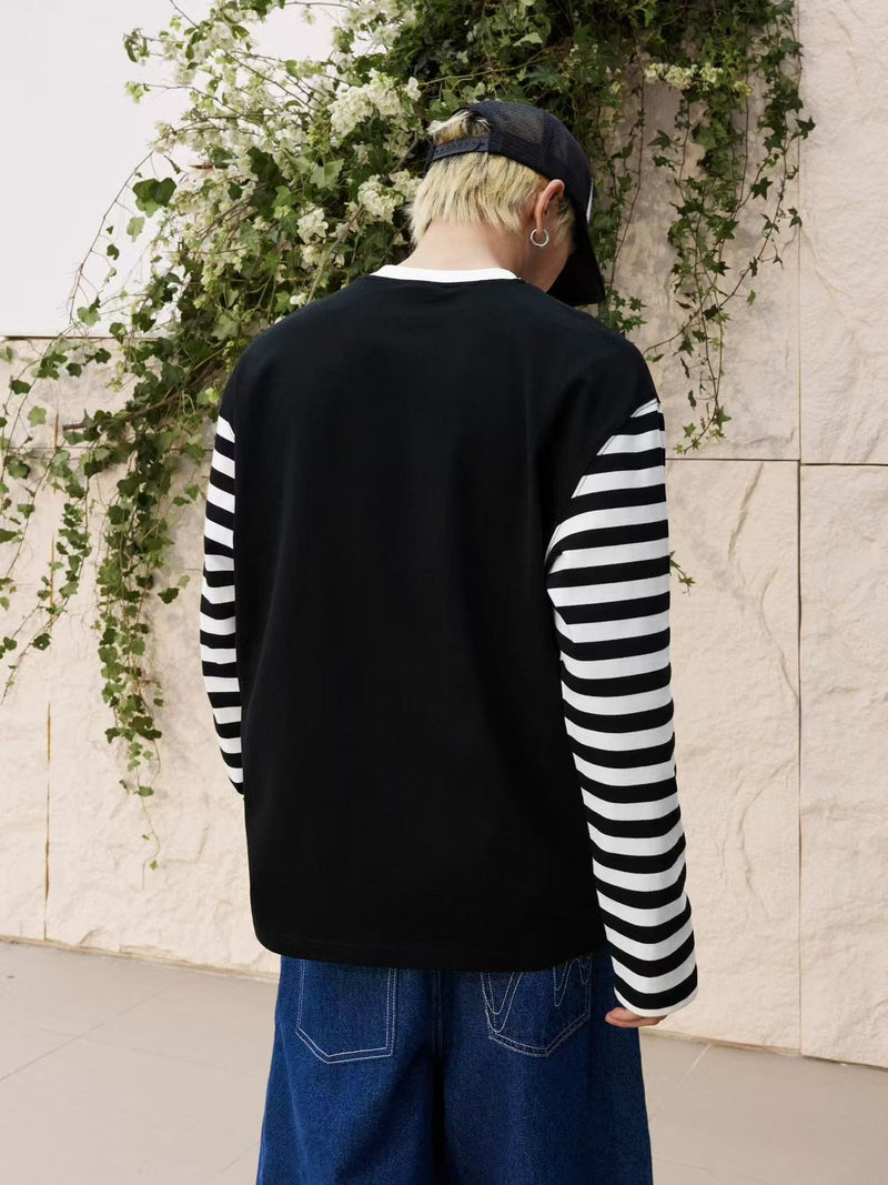 MEDM Contrast Collar Striped Long-sleeve T-Shirt