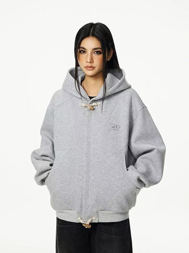 ACHOCK Horn Button Air Layer Cardigan Hooded Sweatshirt