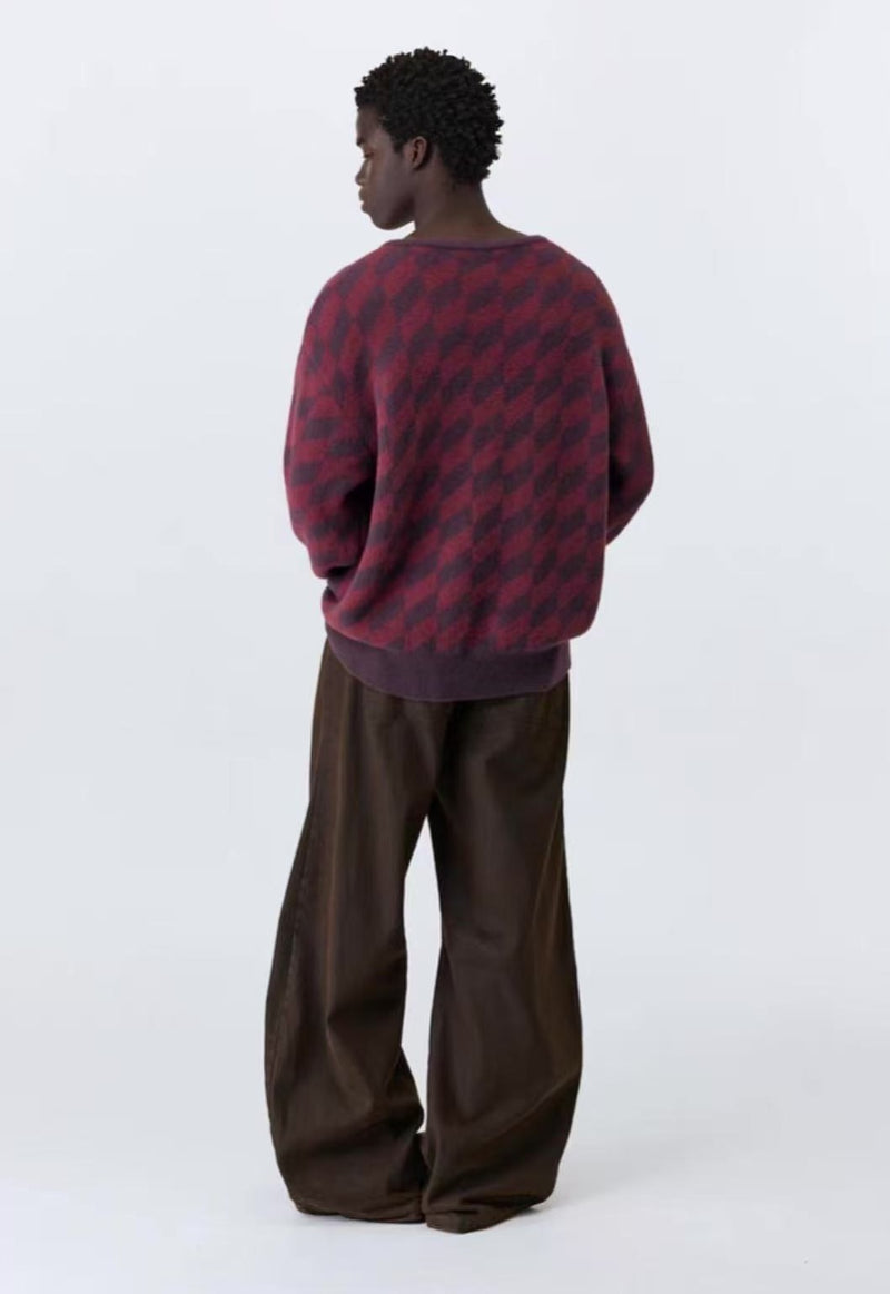 ATRY Sport Contrasting Diamond Plaid Small V-neck Sweater