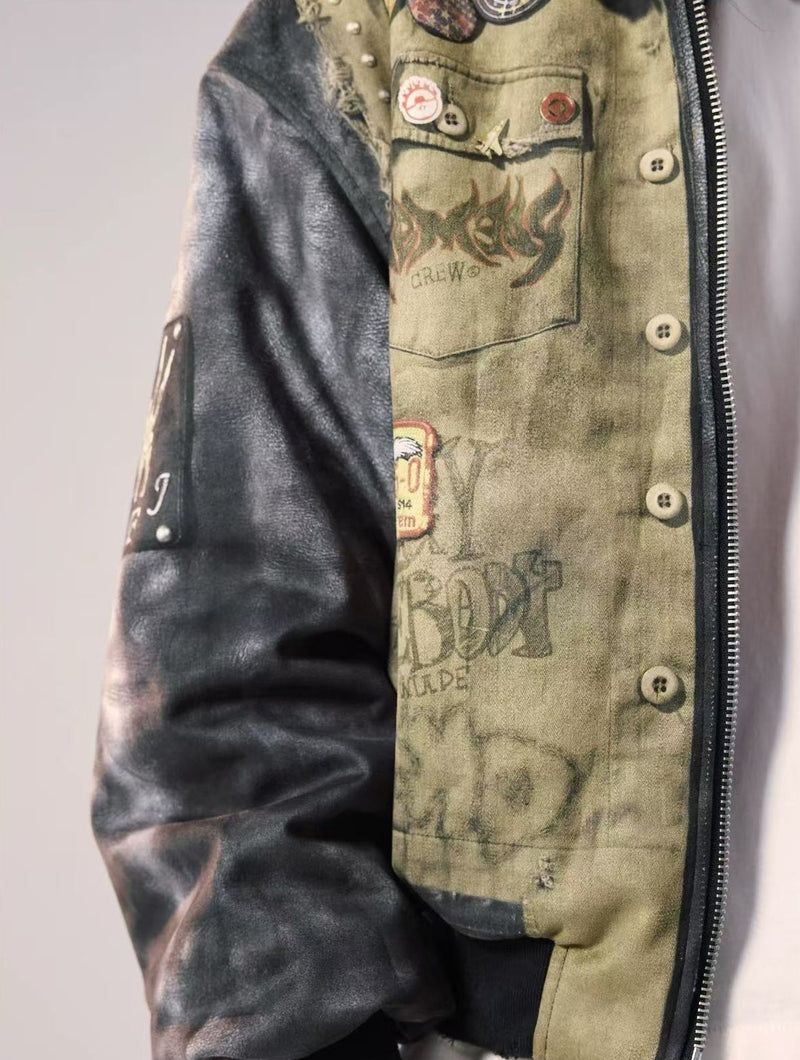 REMEDY Washed Printed Patchwork Bomber Jacket