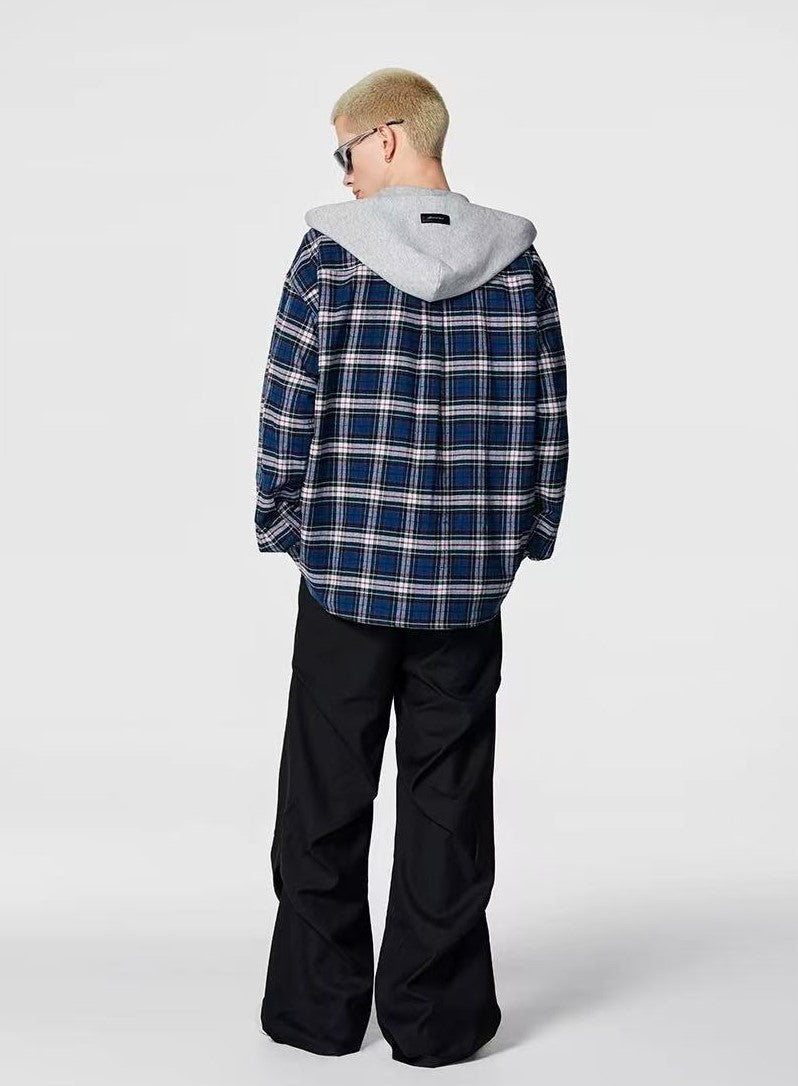 ACHOCK Contrast Blue Plaid Hooded Long-sleeve Shirt