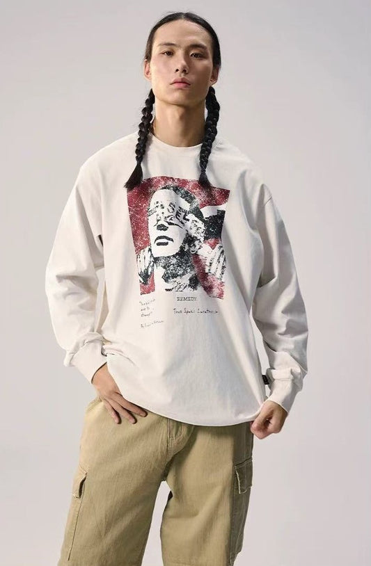 REMEDY Retro Distressed Printing Long-sleeve Tee