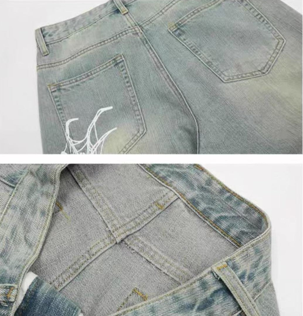 ACHOCK Spiderweb Print Washed Jeans
