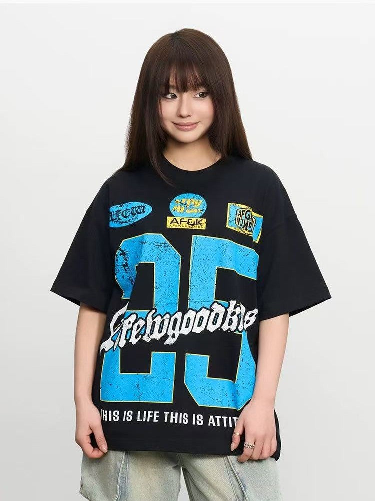 AFGK Retro Distressed Logo Print Short-sleeved T-shirt