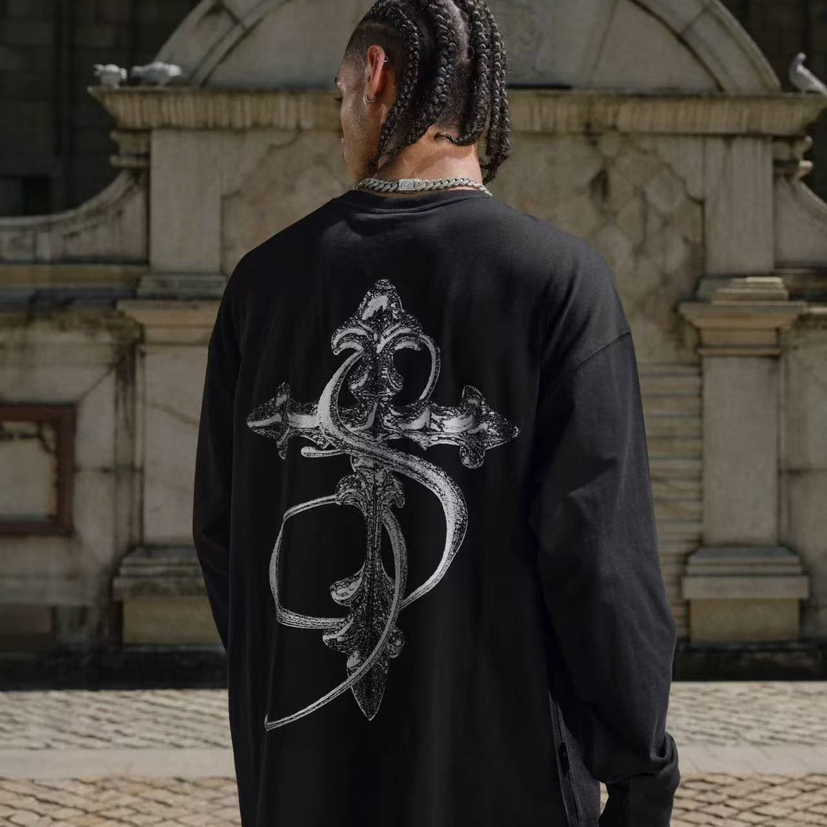 STK Vintage Black and White Cross Long-Sleeve T-Shirt